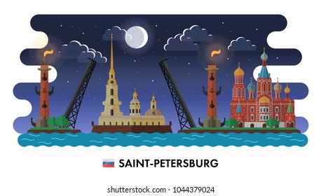 Russia, Saint-Petersburg. Night view. Vector illustration of city sights