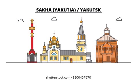 Russia, Sakha Yakutia , Yakutsk. City skyline: architecture, buildings, streets, silhouette, landscape, panorama. Flat line, vector illustration.