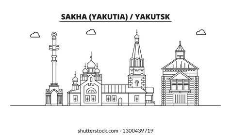 Russia, Sakha Yakutia , Yakutsk. City skyline: architecture, buildings, streets, silhouette, landscape, panorama, landmarks. Flat design, line vector illustration concept. Isolated icons