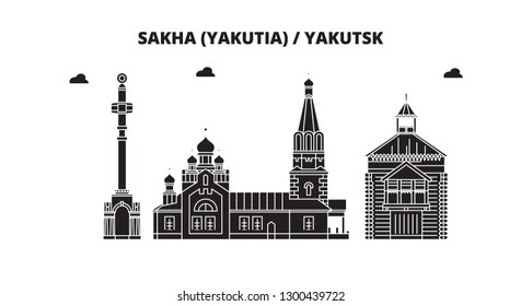 Russia, Sakha Yakutia , Yakutsk. City skyline: architecture, buildings, streets, silhouette, landscape, panorama. Flat line, vector illustration.