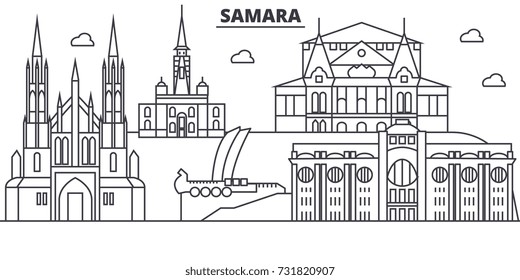 Russia, Samara architecture line skyline illustration. Linear vector cityscape with famous landmarks, city sights, design icons. Landscape wtih editable strokes