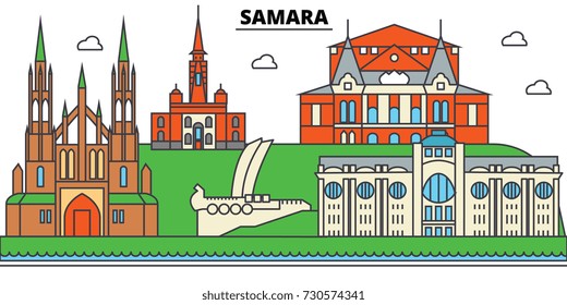 Russia, Samara. City skyline, architecture, buildings, streets, silhouette, landscape, panorama, landmarks. Editable strokes. Flat design line vector illustration concept. Isolated icons set