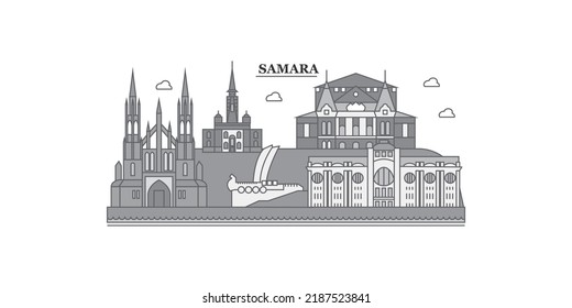 Russia, Samara city skyline isolated vector illustration, icons