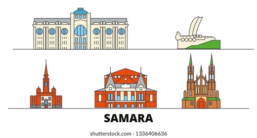 Russia, Samara flat landmarks vector illustration. Russia, Samara line city with famous travel sights, skyline, design. 