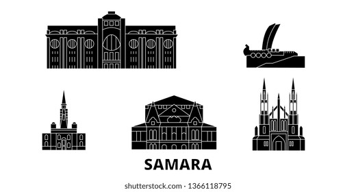 Russia, Samara flat travel skyline set. Russia, Samara black city vector illustration, symbol, travel sights, landmarks.