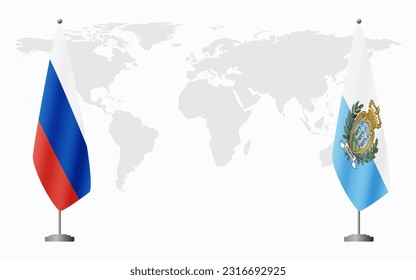 Russia and San Marino flags for official meeting against background of world map.