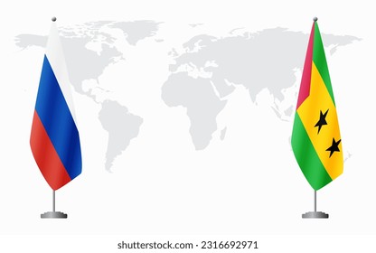 Russia and Sao Tome and Principe flags for official meeting against background of world map.