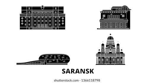 Russia, Saransk flat travel skyline set. Russia, Saransk black city vector illustration, symbol, travel sights, landmarks.