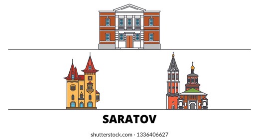 Russia, Saratov flat landmarks vector illustration. Russia, Saratov line city with famous travel sights, skyline, design. 