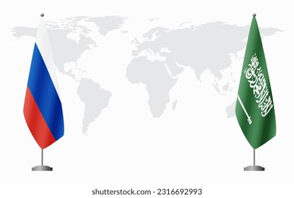 Russia and Saudi Arabia flags for official meeting against background of world map.