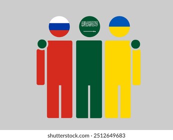 Russia, Saudi Arabia, and Ukraine National Flags With Embracing Body. Vector Illustration. Isolated background.