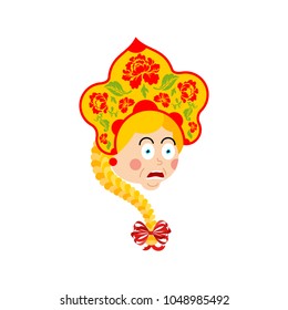 Russia scared OMG emotion. Russian Girl Oh my God emoji. Female Frightened in national hat Kokoshnik. Historical folk cap