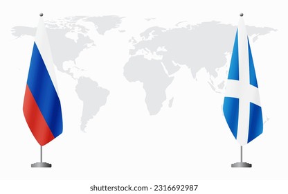 Russia and Scotland flags for official meeting against background of world map.