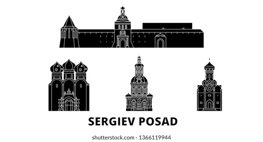 Russia, Sergiev Posad flat travel skyline set. Russia, Sergiev Posad black city vector illustration, symbol, travel sights, landmarks.