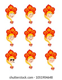 Russia set emoji avatar. sad and angry face. guilty and sleeping. Russian Girl sleeping emotion face. Female Joyful in national hat Kokoshnik. ethnic Historical folk cap