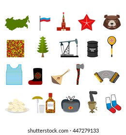 Russia set icons. Traditional objects of country. Russian national clothes. Association. Moscow Kremlin and Rus bear. Map States and oil. Wooden spoon and vodka.