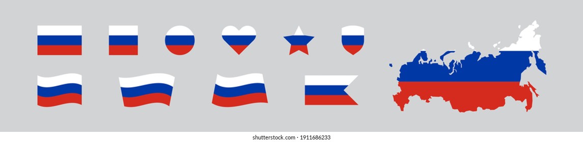 Russia set national flag and map icons.  Russian Federation isolated vector flat illustration 