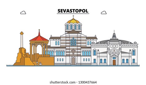 Russia, Sevastopol. City skyline: architecture, buildings, streets, silhouette, landscape, panorama. Flat line, vector illustration.