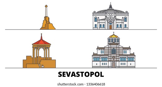 Russia, Sevastopol flat landmarks vector illustration. Russia, Sevastopol line city with famous travel sights, skyline, design. 