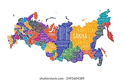 Russia shape. Country word cloud with region division. Russia colored illustration. Region names cloud. Vector illustration.