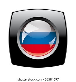 Russia shiny button flag with black frame -  vector illustration. Isolated abstract object against white background.