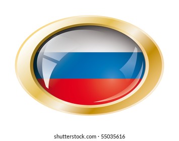 Russia shiny button flag with golden ring vector illustration. Isolated abstract object against white background.
