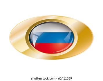 Russia shiny button flag vector illustration. Isolated abstract object on metal background.