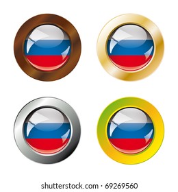 Russia shiny buttons flag with metal ring vector illustration. Isolated abstract object against white background.