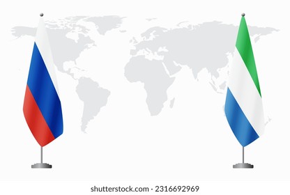 Russia and Sierra Leone flags for official meeting against background of world map.
