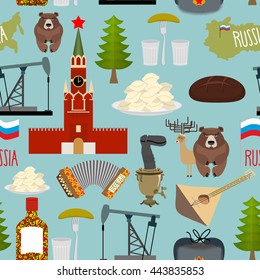 Russia sightseeing seamless pattern. Moscow Kremlin and Samovar, oil pump and squeeze. Ushanka and balalaika. Vector background of  Russian Federation.