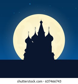 Russia silhouette of attraction. Travel banner with moon on the night background. Trip to country. Travelling illustration