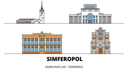 Russia, Simferopol flat landmarks vector illustration. Russia, Simferopol line city with famous travel sights, skyline, design. 