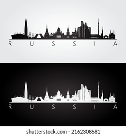 Russia skyline and landmarks silhouette, black and white design, vector illustration.