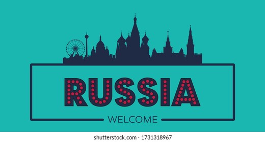 Russia skyline silhouette flat design typographic vector illustration.
