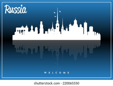 Russia, skyline silhouette vector design on parliament blue and black background. 