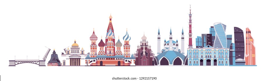 Russia skyline vector. landmark Kremlin palace, TV tower and St. Isaac's Cathedral illustration. Church of Kizhi And Moscow city Isolated on white background.  Drawbridge, mosque and the Kazan Mosque