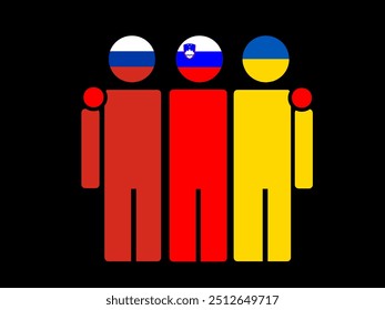 Russia, Slovenia, and Ukraine National Flags With Embracing Body. Vector Illustration. Isolated background.