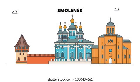 Russia, Smolensk. City skyline: architecture, buildings, streets, silhouette, landscape, panorama. Flat line, vector illustration.