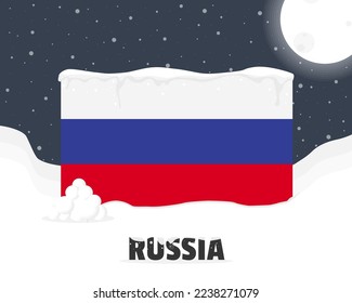 Russia snowy weather concept, cold weather and snowfall, Russia weather forecast winter banner idea, snow cap on flag with snowballs and moon, blizzard and adverse weather conditions