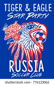 Russia soccer ball wild tiger and eagle graphic design vector art