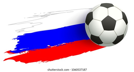 Russia soccer championship 2018. Soccer ball flying and flag russia. Isolated on white vector illustration