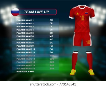 Russia soccer jersey kit with team line up board on soccer stadium and crowd fan with spot light backdrop on night time. Concept for Europe football result background in vector illustrative