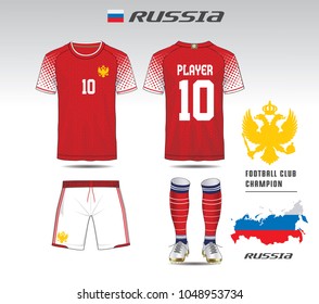 Russia soccer jersey or team apparel template. Mock up Football uniform for football club. Red and blue layout football sport t-shirt design. Vector Illustration.