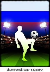 Russia Soccer Player with Flag on Stadium Background Original Illustration