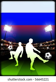 Russia Soccer Player with Flag on Stadium Background Original Illustration