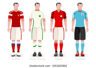 Russia Soccer world cup 2018  group A of players with team shirts flags and ball. referee football vector illustration.