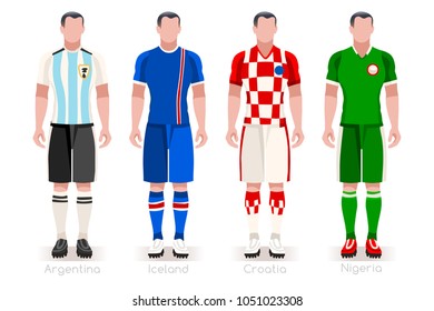 Russia Soccer world cup 2018 a group D of players with team shirts flags and ball. referee football vector illustration.