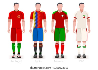 Russia Soccer world cup 2018 a group B of players with team shirts flags and ball. referee football vector illustration.