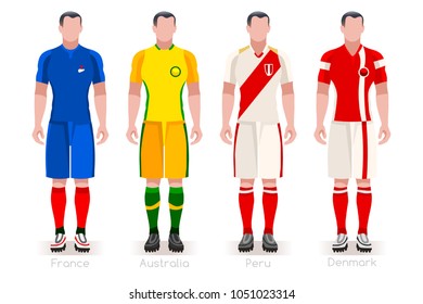 Russia Soccer world cup 2018 a group C of players with team shirts flags and ball. referee football vector illustration.