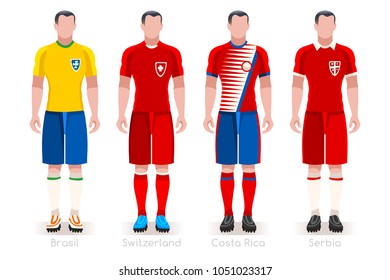 Russia Soccer world cup 2018 a group E of players with team shirts flags and ball. referee football vector illustration.